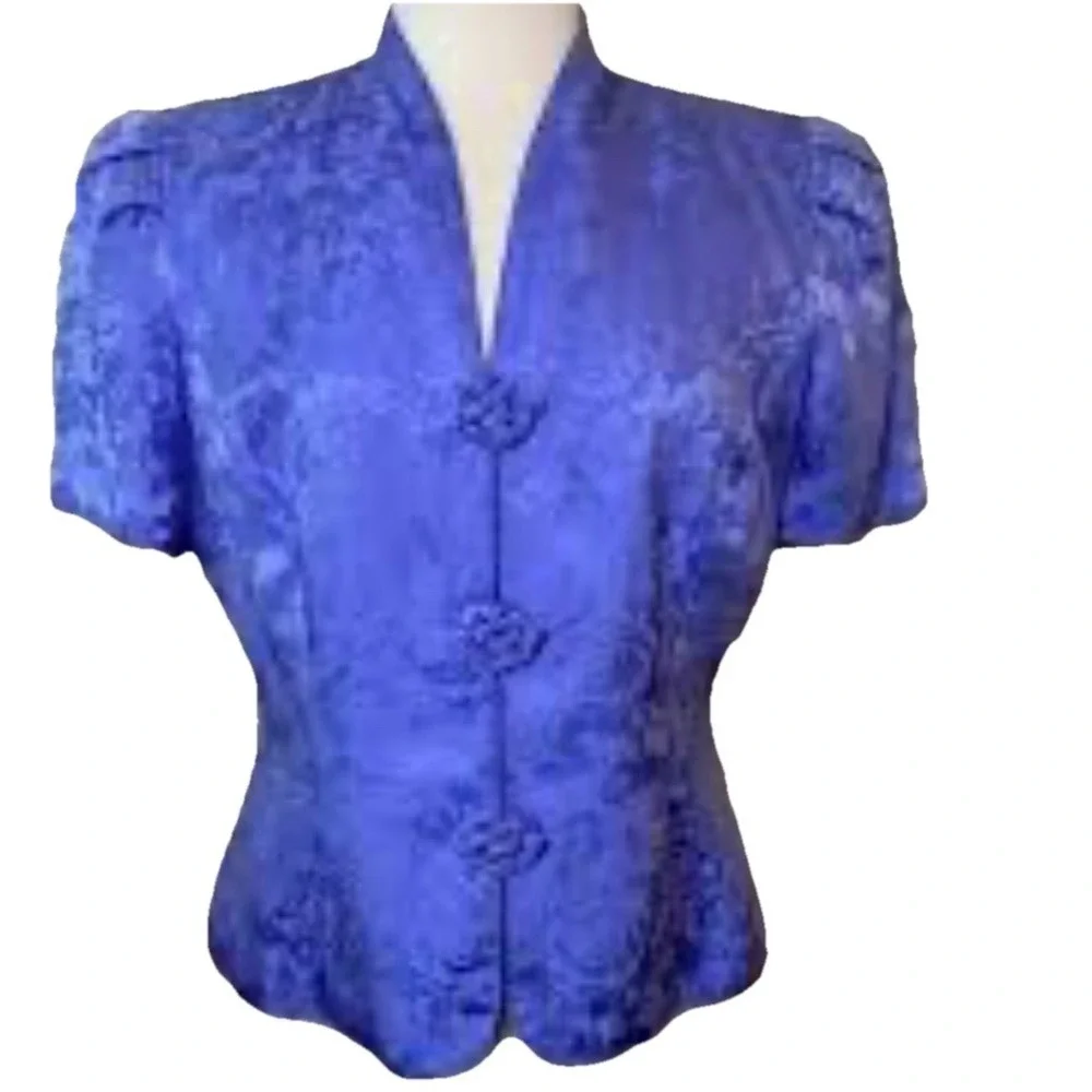 VTG 100% Silk‎ Purple Cheongsam Style Blouse Jacket Skirt Suit Sz4 Office Siren